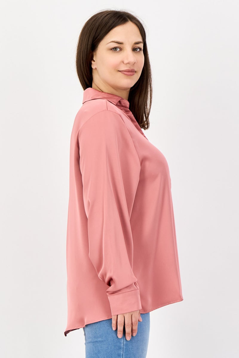 bebe Women Spread Collar Long Sleeves Plain Shirt, Old Rose - Image 2